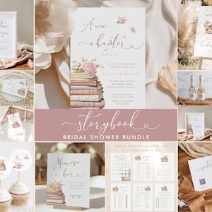 May include: A bridal shower stationery bundle featuring a storybook theme with illustrations of stacked vintage books and pink floral accents. The collection includes invitations, signage, cupcake toppers, and game cards with elegant cursive typography.
