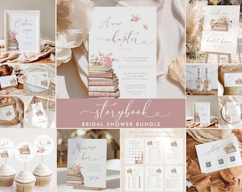 Storybook Bridal Shower Bundle: Floral Next Chapter Invitation, Games, Signs (Editable Canva Templates 385)
