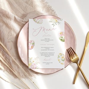 Menu di Pasqua modificabile, Menu cena di primavera floreale, Uova di Pasqua e fiori pastello Modello Let's Eat Download digitale 302