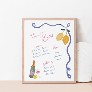 May include: A watercolor illustration of a bar menu with the text "the Bar" in pink. The menu lists wine, beer, and cocktails. The illustration includes lemons and a bottle of champagne.