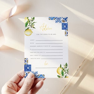 Cartão de conselhos para chá de panela com limão mediterrâneo, conselhos sobre casamento de azulejos azuis italianos, aperto principal, modelo editável, download instantâneo 044