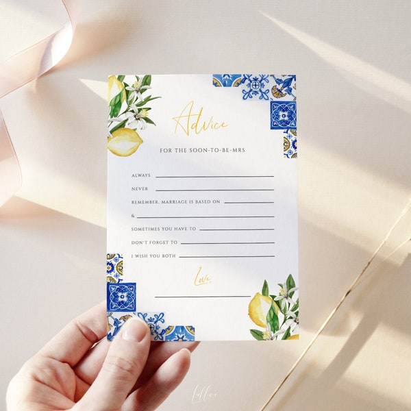 Mediterranean Lemon Bridal Shower Advice Card, Italian Blue Tiles Wedding Advice, Main Squeeze, Editable Template Instant Download 044