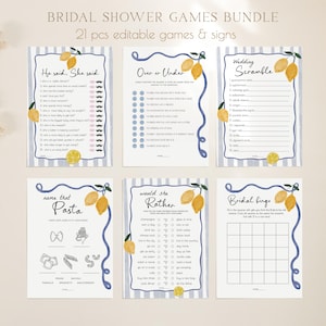 Italian Lemon Bridal Shower Game Bundle, Wavy Border That's Amore Bridal Shower Games, Capri Blue Stripes, Hand Drawn Editable Download 481