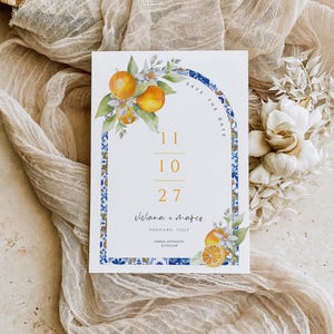 Piastrelle arancioni blu arcuate Save the Date, Citrus Italian Save Our Date numerico, Neroli mediterraneo, modello modificabile download immediato 321