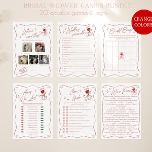 May include: A bundle of bridal shower games and signs. The games include "Where were they?", "Wedding Scramble", "Bridal Bingo", "Honey Do List", "Beer or Under", and "Wine Trivia". Each game has a red border and a wine glass graphic.