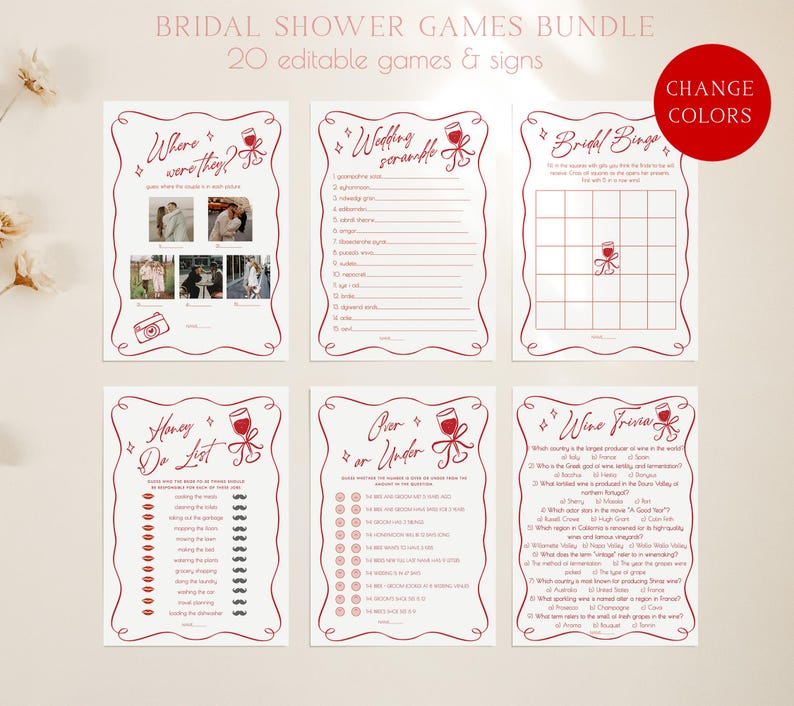May include: A bundle of bridal shower games and signs. The games include "Where were they?", "Wedding Scramble", "Bridal Bingo", "Honey Do List", "Beer or Under", and "Wine Trivia". Each game has a red border and a wine glass graphic.