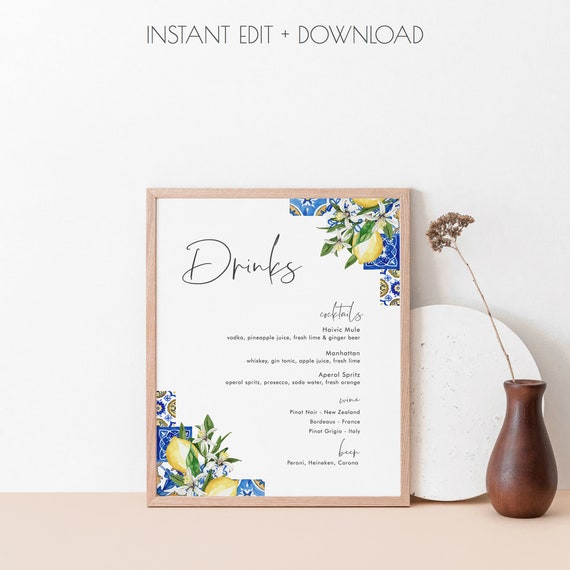 Blue Tiles and Lemon Bar Menu Template Italian Wedding Drinks Etsy