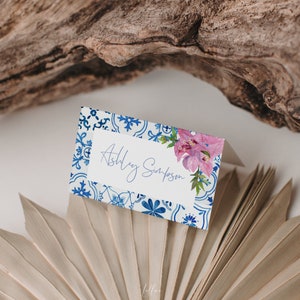 Bougainvillea Blue Tiles Table Place Card Template, Azulejo Wedding Escort Card, Mediterranean Name Seating Card, Instant Download 144