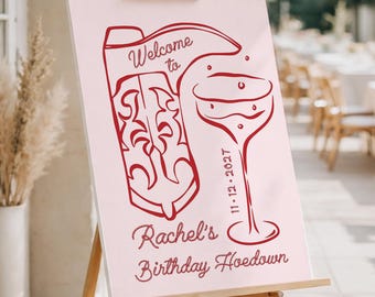Western Birthday Hoedown Welcome Sign: Country Cowgirl theme (Editable Canva Template 898)