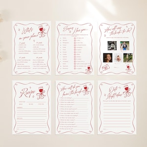 May include: Set of six printable bridal shower game cards with red text and decorative borders. Games include "What's on your phone?", "Saying I love you...", and "How old was the bride-to-be?"