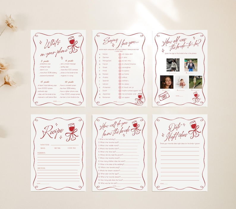 May include: Set of six printable bridal shower game cards with red text and decorative borders. Games include "What's on your phone?", "Saying I love you...", and "How old was the bride-to-be?"