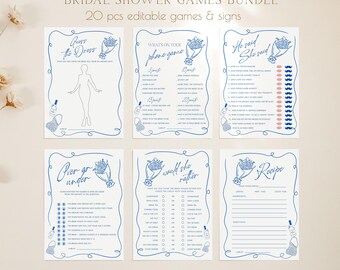 Fresh Off the Market Bridal Shower Games: Blue Floral Theme (Canva Template Editable 353)