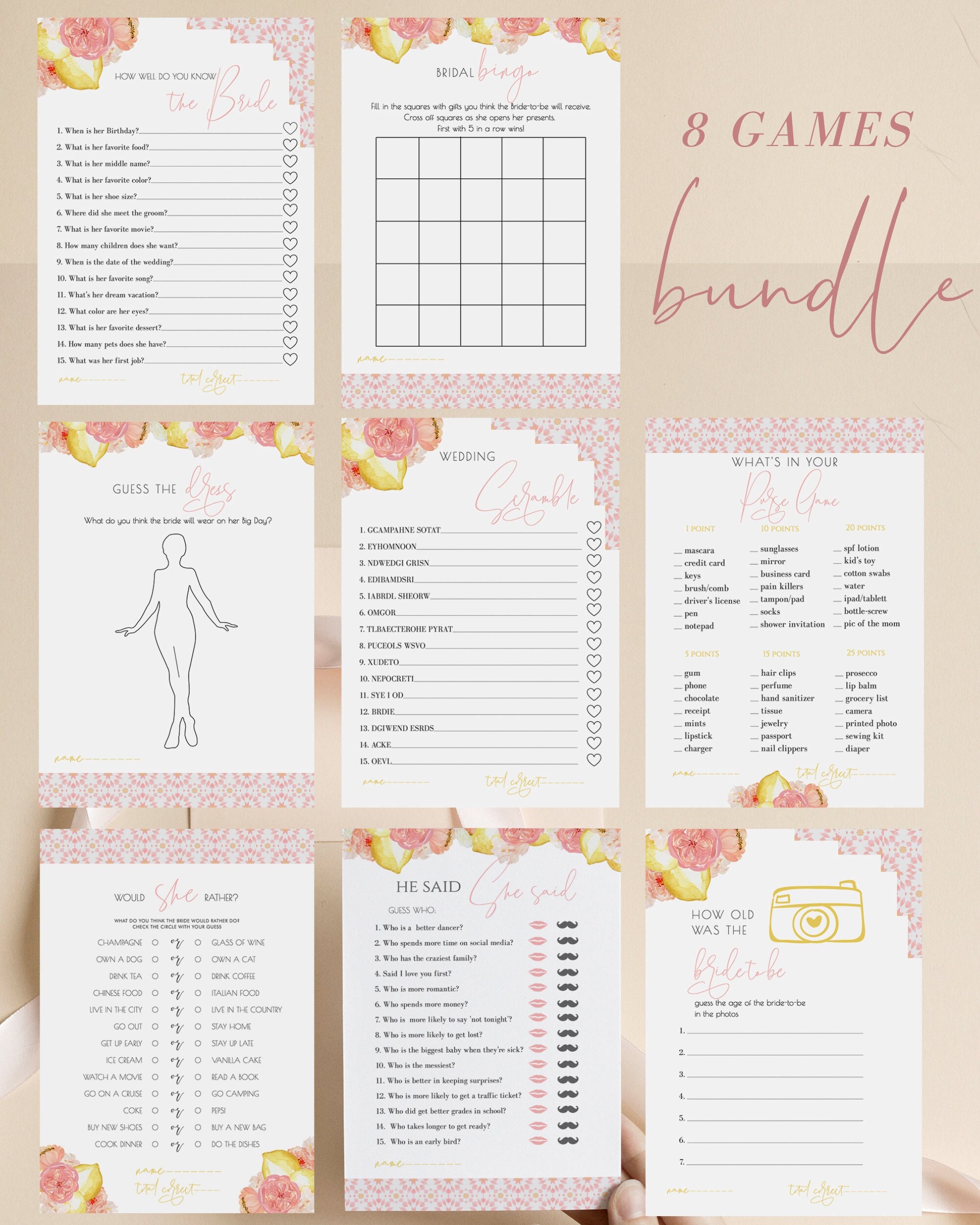 Lemons and Pink Tiles Bridal Shower Game Bundle Editable , Main Squeeze Games, Italy Bridal Shower Games Printable, Instant Download 744