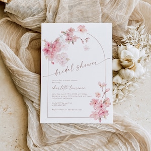 Invito ad arco per la festa nuziale floreale primaverile, invito per il brunch nuziale con fiori di ciliegio, modello modificabile con ciliegia rosa, download immediato 838