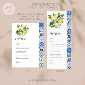Blue Tiles Lemon Menu Template, Italy Wedding Menu Printable, Mediterranean Wedding Menu, Editable, Instant Download, 044 image 3