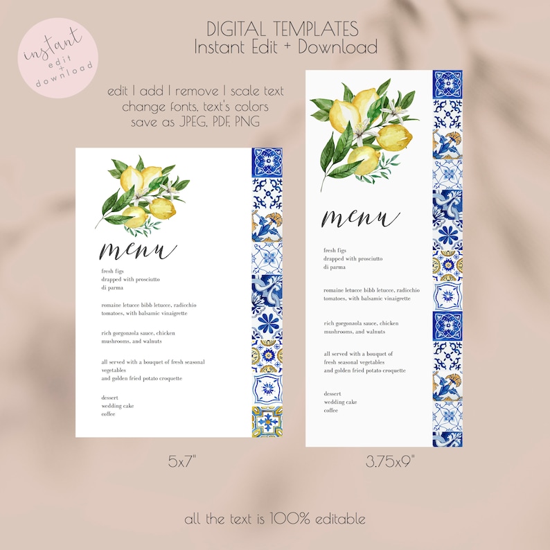 Blue Tiles Lemon Menu Template, Italy Wedding Menu Printable, Mediterranean Wedding Menu, Editable, Instant Download, 044 image 3