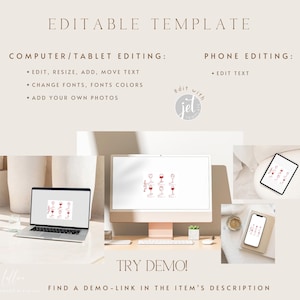 May include: An editable digital template displayed on a computer monitor, laptop, and smartphone screen. The design features red wine glass illustrations with text. The interface includes instructions for editing, resizing, and adding photos.