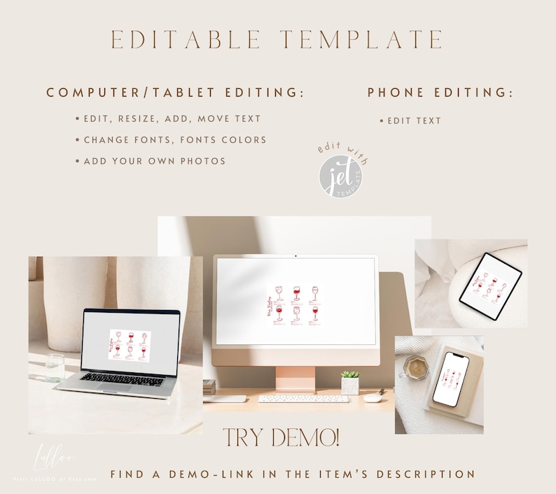 May include: An editable digital template displayed on a computer monitor, laptop, and smartphone screen. The design features red wine glass illustrations with text. The interface includes instructions for editing, resizing, and adding photos.