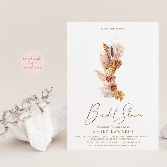 pampas grass wedding invitation digital for phone #135-2 palm rust burnt orange text invite Electronic boho wedding invitation template