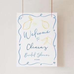 Cartello di benvenuto per la festa nuziale italiana disegnato a mano, cartello stravagante per la festa nuziale con limone, modello stampabile per la festa nuziale mediterranea 548