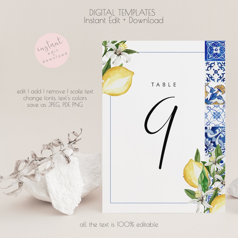 Italy Wedding Table Number Printable Editable Instant Download 044 Positano Blue Tiles Wedding Italian Lemon Table Number Template