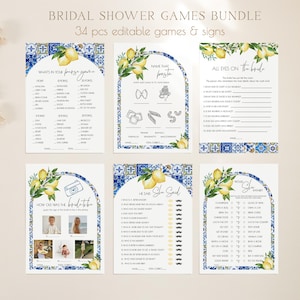 Editable Blue Tiles and Lemons Bridal Shower Game Bundle, Italy Bridal Shower Games Printable, Instant Download 044