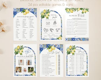 Editable Blue Tiles and Lemons Bridal Shower Game Bundle, Italy Bridal Shower Games Printable, Instant Download 044