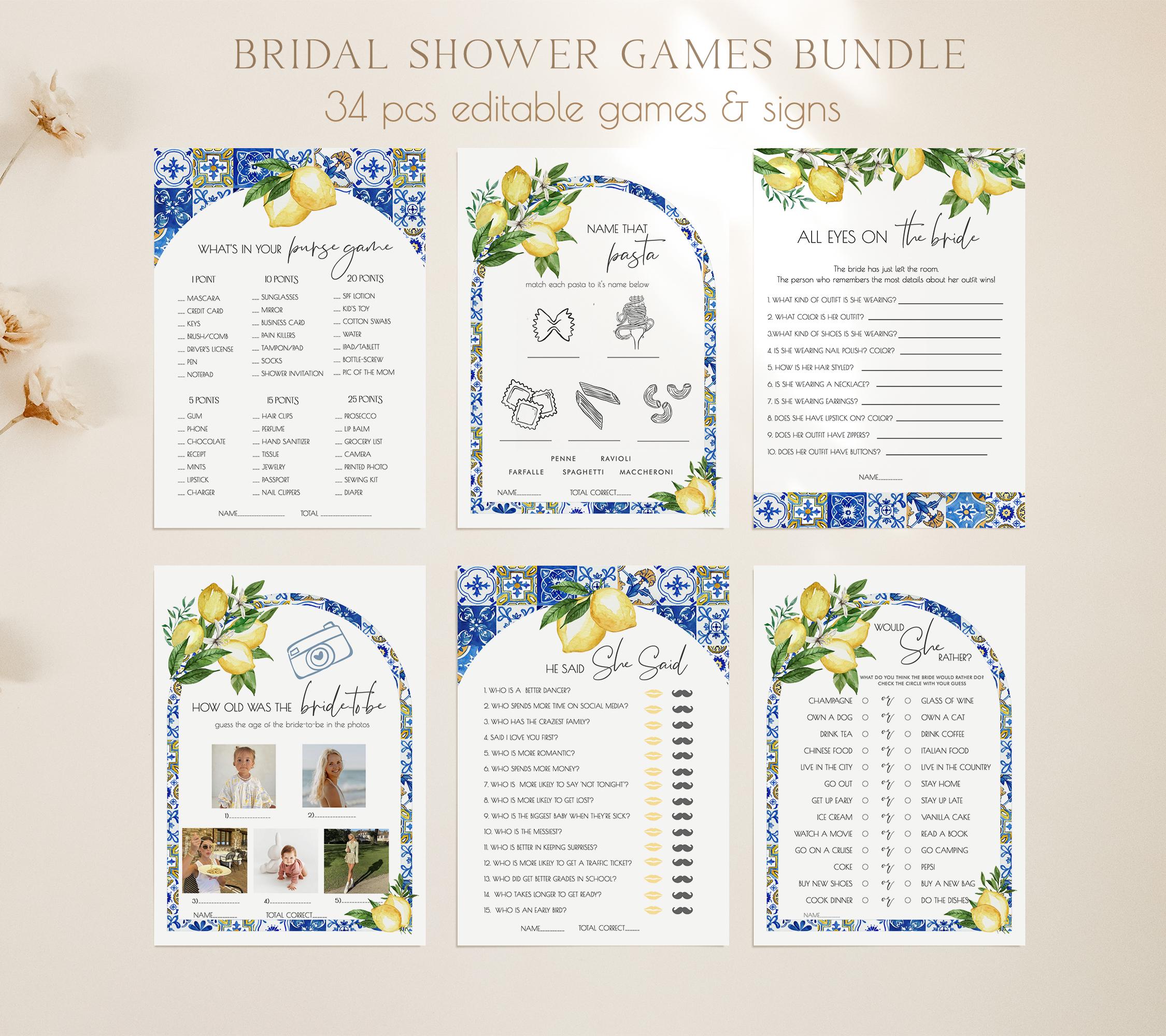 Editable Blue Tiles and Lemons Bridal Shower Game Bundle, Italy Bridal Shower Games Printable, Instant Download 044