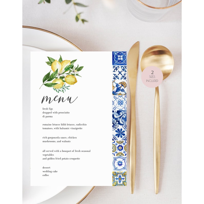 Blue Tiles Lemon Menu Template, Italy Wedding Menu Printable, Mediterranean Wedding Menu, Editable, Instant Download, 044 image 7