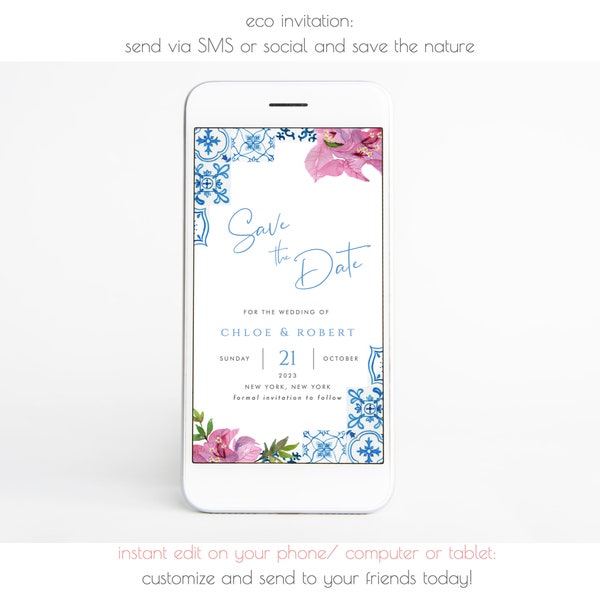 Phone Blue Tiles Bougainvillea Save the Date Template, Mediterranean Digital Save Our Date, Save the dates Smartphone,  Instant Download 144