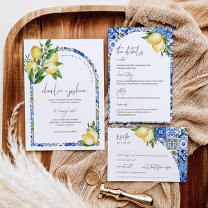Italian Blue Tiles and Lemon Wedding Invitation Template, Mediterranean Wedding Arched Invite, Positano, Printable, Instant Download 044