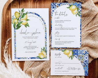 Italian Blue Tiles and Lemon Wedding Invitation Suite: Mediterranean theme (Editable Templates, Instant Download 044)