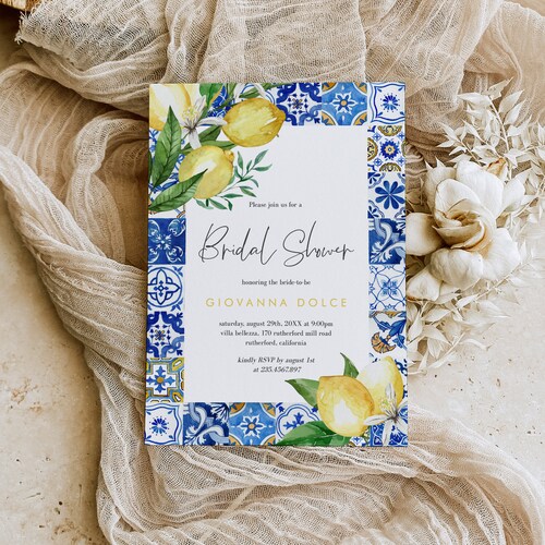 Italian Lemon and Blue Tiles Bridal Shower Invitation: Classic Main Squeeze (Editable Download 044)
