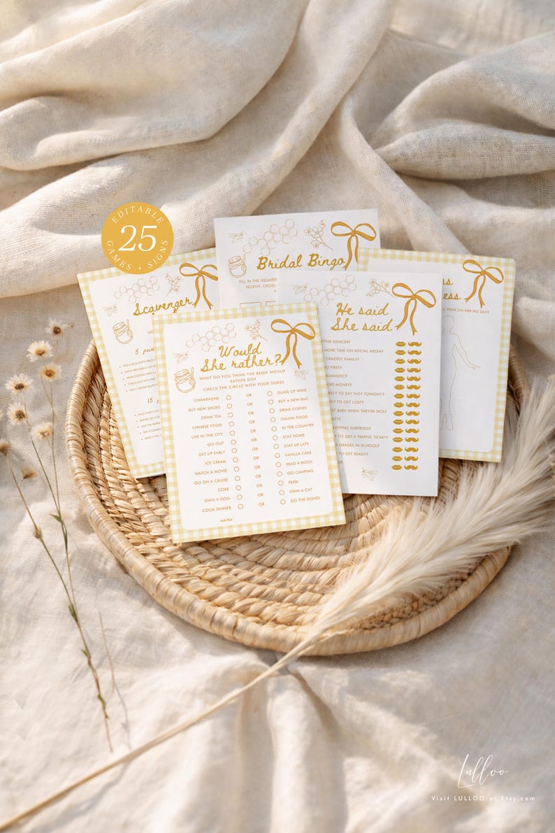 She found her honey bridal shower games templates bundle for 2026 trendy butter yellow hen party
