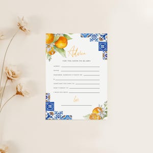 Cartão de conselho para chá de panela italiano laranja, conselho para casamento em azulejos azuis mediterrâneos, jogo de apertar principal, modelo editável para download instantâneo 321