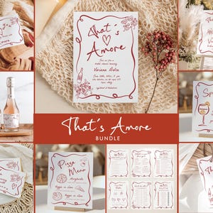That's Amore Bridal Shower Invitation Bundle Hand Drawn, Red Wavy Italian Wedding Bundle, Pizza Hen Party Editable Template Download 205