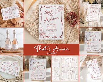 May include: A set of printable bridal shower party decorations with a red and white color scheme. The decorations feature the text "That's Amore" and include a variety of items such as a welcome sign, a pizza menu, a thank you card, and a game card.