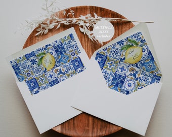 Blue Tiles Lemon Envelope Liner: Mediterranean Citrus Printable (Digital Download 044)