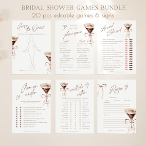 May include: A set of printable bridal shower games with a brown and pink color scheme. The games include "Guess the Dress", "What's on Your Phone", "He Said She Said", "Over or Under", "Would She Rather", and "Recipe".