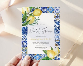 Mediterranean Lemon Bridal Shower Invitation Template, Italian Blue Tiles Bridal Shower Invite, Main Squeeze, Instant Download 044