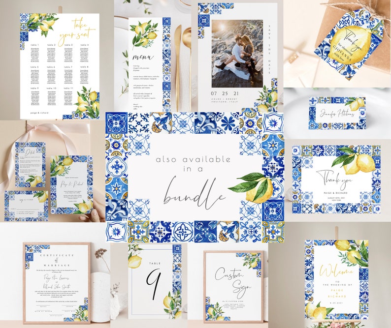 Blue Tiles Lemon Menu Template, Italy Wedding Menu Printable, Mediterranean Wedding Menu, Editable, Instant Download, 044 image 10