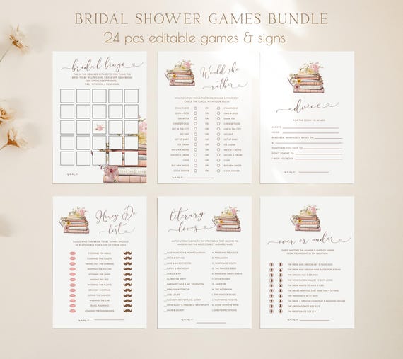 Storybook Bridal Shower Games Editable, A New Chapter Begins Bridal Games, Floral Her Next Chapter Book Stack Template Digital Download 385