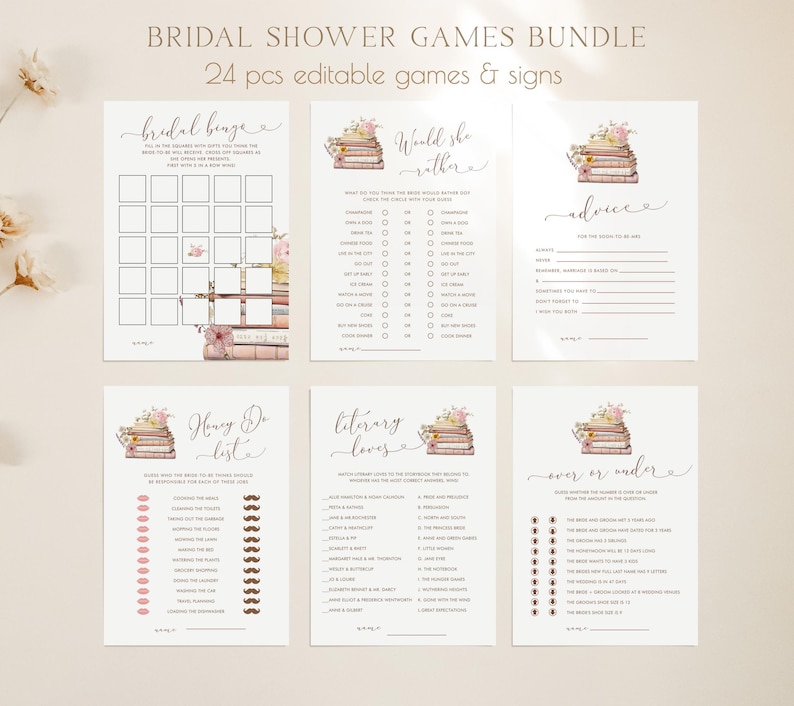 A new chapter begins bridal shower games for a storybook themed hen party with wildflower floral book stack and cursive font