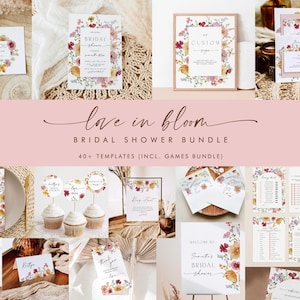 Wildflower Bridal Shower Bundle, Floral Bridal Bundle, Love in Bloom Bridal Shower Bundle, 44 pcs Editable Templates Digital Download 455