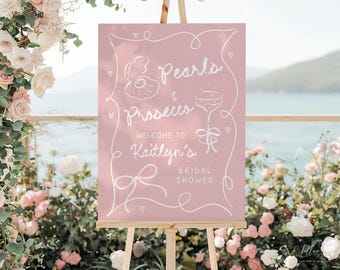 Pearls and Prosecco Bridal Shower Welcome Sign: Blush Bow decor (Editable Canva Template 932)