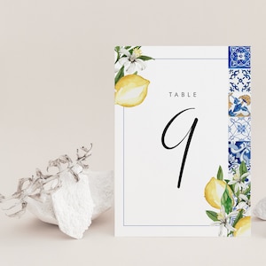 Modello numero tavolo limone italiano, numero tavolo matrimonio Italia stampabile, matrimonio piastrelle blu Positano, modificabile, download immediato, 044