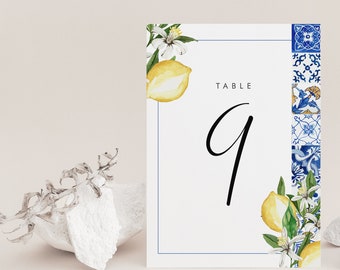 Italian Table Number Template: Lemon & blue Tiles Wedding Decor (Editable Instant Download 044)