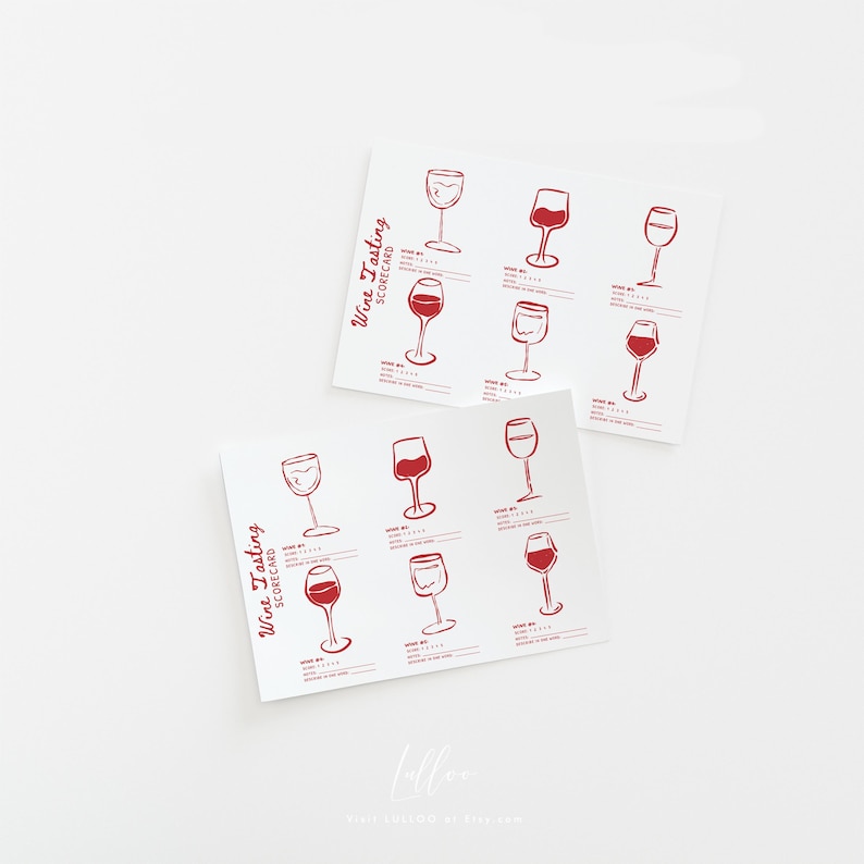 May include: Two white rectangular wine tasting scorecards featuring red ink illustrations of wine glasses. Each card includes the text Wine Tasting Scorecard and provides designated sections for wine numbers, ratings, notes, and tasting details.