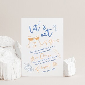 Plantilla de menú escrita a mano y dibujada a mano, menú de estilo francés imprimible, menú de boda con ilustraciones de garabatos, editable, descarga instantánea 844