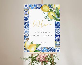 Blue Tiles Lemon Bridal Shower Welcome Sign: Italian Bachelorette (editable Instant Download 044)